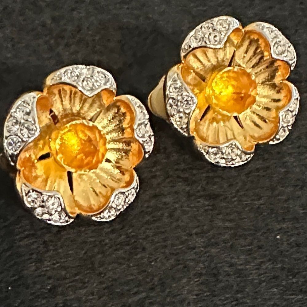 Joan Rivers Vintage Signed Citrine/Rhinestone Clip Flower Earrings